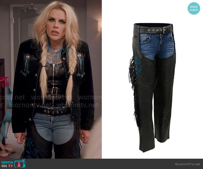 Milwaukee Leather SH1116 Motorcycle Chaps worn by Summer Dutkowsky (Busy Philipps) on Girls5eva