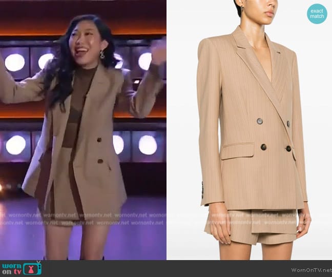 Maje pinstriped double-breasted blazer worn by Awkwafina on The Kelly Clarkson Show