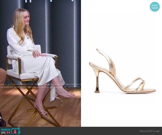 Manolo Blahnik Racita Metallic Sandals worn by Dakota Fanning on Good Morning America