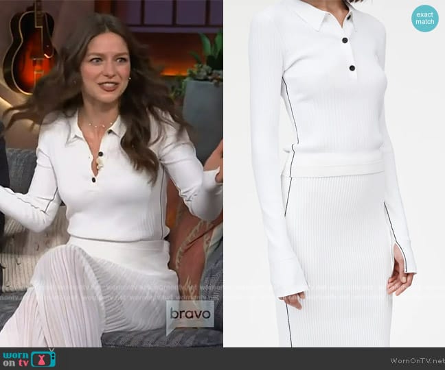 Maria McManus Ribbed Polo in White worn by Melissa Benoist on The Kelly Clarkson Show