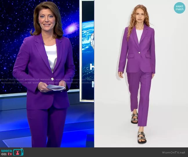 Me + Em Textured Weave Blazer and Crop Pant worn by Norah O'Donnell on CBS Evening News