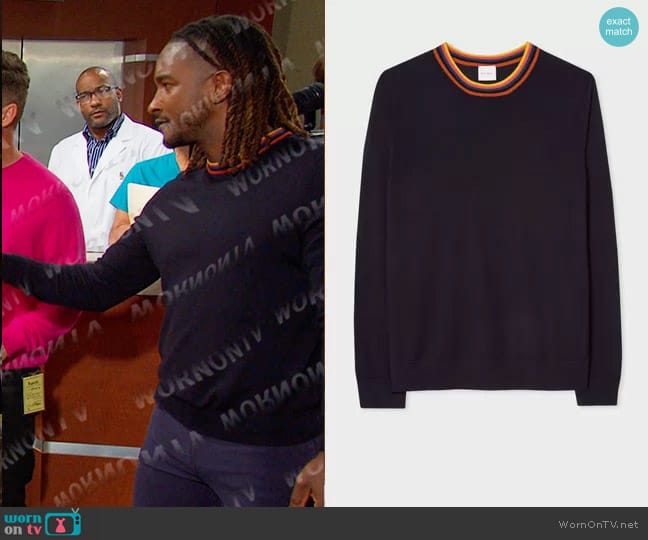 Paul Smith Merino Wool Sweater With Artist Stripe Ribbed Collar worn by Scott Evans (Scott Evans) on Days of our Lives