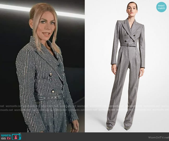 Michael Kors Crystal Pinstripe Flannel Jumpsuit worn by Kelly Ripa on Live with Kelly and Mark