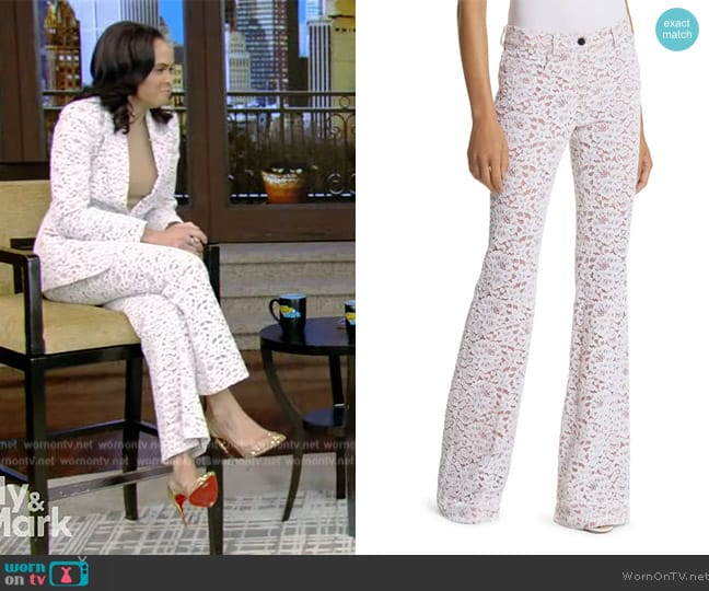 Michael Kors Collection Floral Lace 5-Pocket Flare Leg Pants worn by Linsey Davis on Live with Kelly and Mark