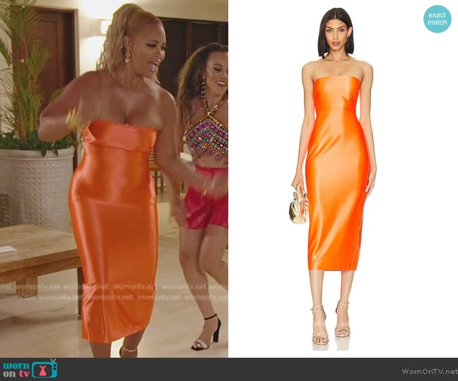 Milly Opal Satin Strapless Dress worn by Gizelle Bryant on The Real Housewives of Potomac