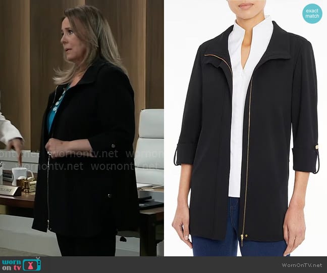 Ming Wang Deco Crepe 3/4 Sleeve Zip Front Jacket worn by Laura Collins (Genie Francis) on General Hospital