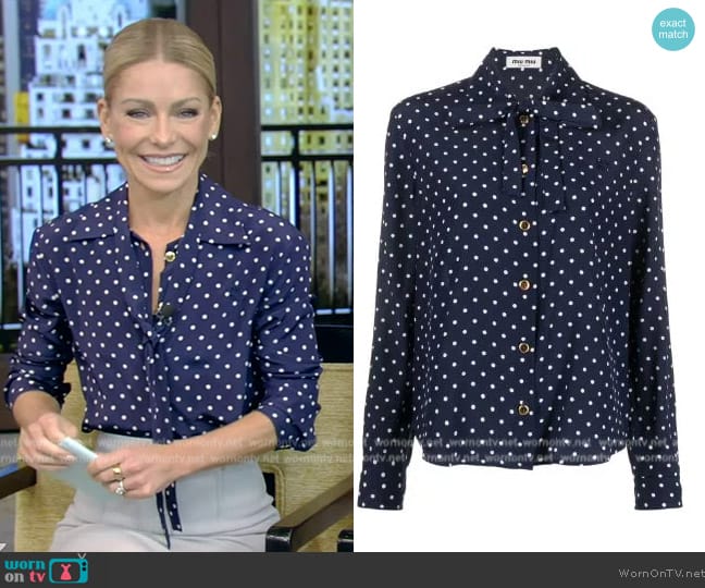 WornOnTV: Kelly’s blue polka dot print blouse and skirt on Live with ...