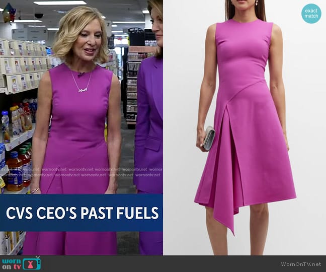 Oscar de la Renta Wool Midi Dress with Draped Skirt Detail in Orchid worn by Karen S. Lynch on CBS Evening News