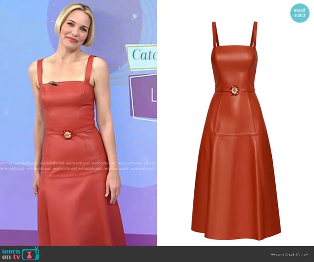 Oscar de la Renta Floral-appliqué Leather Midi Dress worn by Leslie Bibb on Today