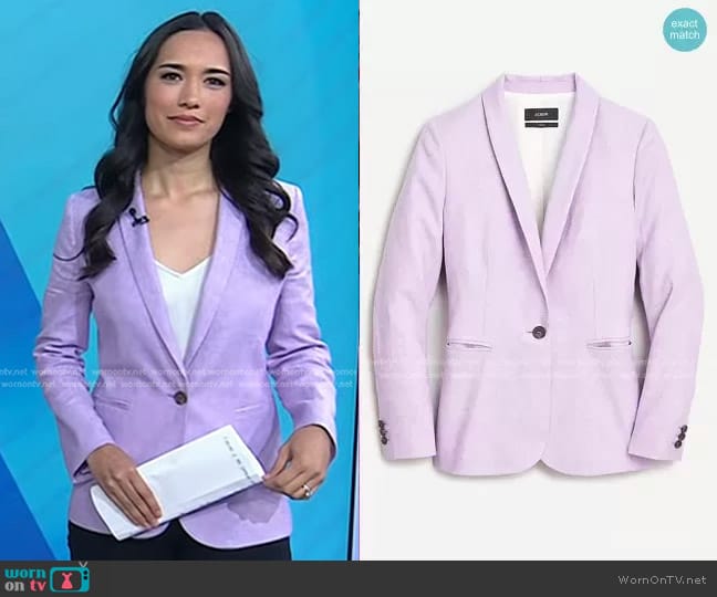 J. Crew Parke blazer in stretch linen in Radiant Orchid White worn by Emilie Ikeda on Today