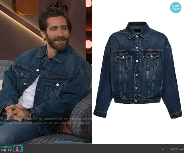 Prada Stone wash denim jacket worn by Jake Gyllenhaal on The Kelly Clarkson Show