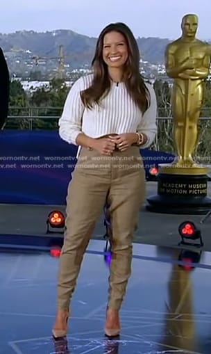 Rocsi Diaz's white ribbed sweater and beige pants on Good Morning America