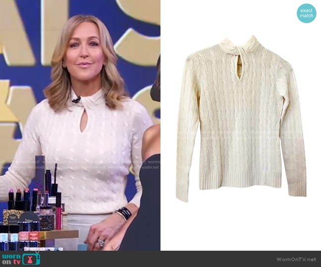 WornOnTV Lara S Ivory Cable Knit Twist Neck Sweater On Good Morning   Ralph Lauren Black Label Cream Cashmere Sweater Lara Spencer Gma 