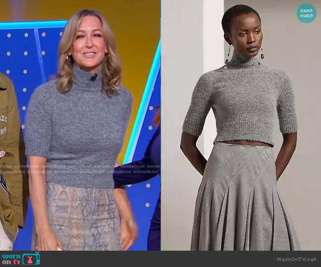 Ralph Lauren Collection Short-Sleeve Turtleneck Crop Wool Sweater in Dark Silver Melange worn by Lara Spencer on Good Morning America