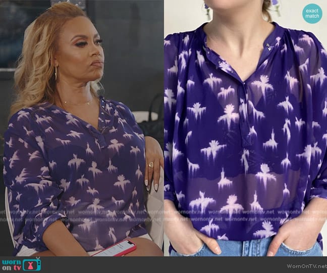 Rebecca Taylor Purple Birds Print Blouse worn by Gizelle Bryant on The Real Housewives of Potomac