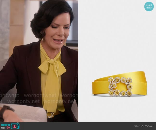 Roger Vivier Flower Strass Colored Buckle Belt in Satin worn by Margaret Wright (Marcia Gay Harden) on So Help Me Todd