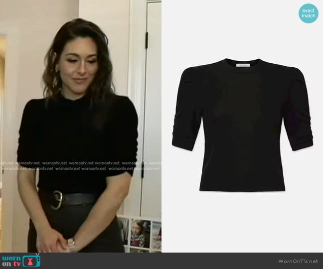 Frame Ruched Sleeve Cashmere Sweater in Noir worn by Erielle Reshef on Good Morning America