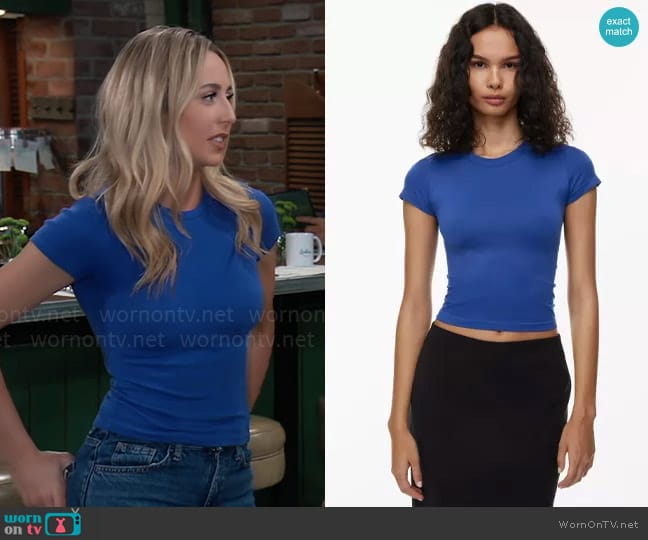 Seamless at Aritzia Sinch Smooth Willow T-Shirt in Boxcar Blue worn by Josslyn Jacks (Eden McCoy) on General Hospital