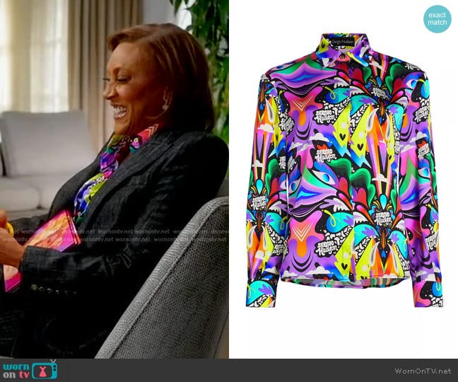 Sergio Hudson Logo Print Silk Charmeuse Blouse worn by Robin Roberts on Good Morning America