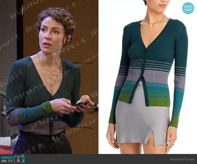 Staud Cargo Button Front Sweater in Pine Forest worn by Sarah Horton (Linsey Godfrey) on Days of our Lives