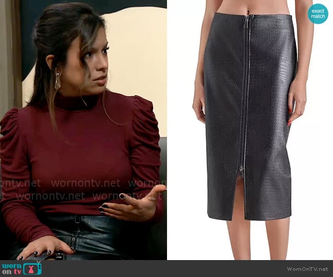 Steve Madden Hayes Faux Leather Midi Skirt worn by Alison 'Blaze' Rogers (Jacqueline Grace Lopez) on General Hospital