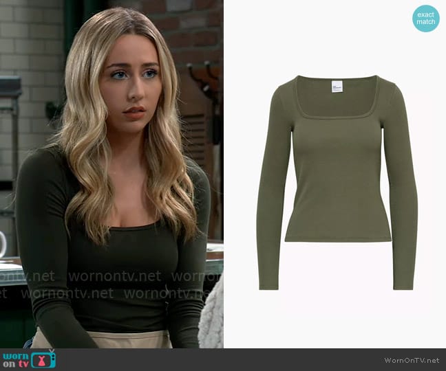 TNA at Aritzia HomeStretch™ Squareneck Longsleeve in Army Green worn by Josslyn Jacks (Eden McCoy) on General Hospital