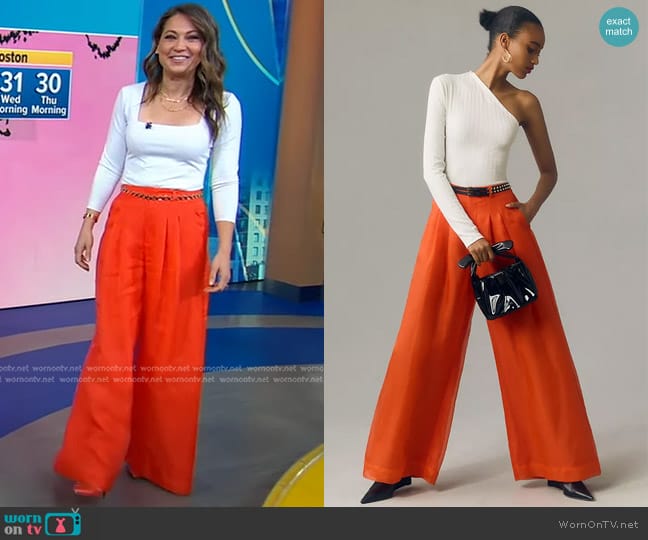 Maeve The Avery Pleated Wide-Leg Trousers - Sheer Silk Edition worn by Ginger Zee on Good Morning America