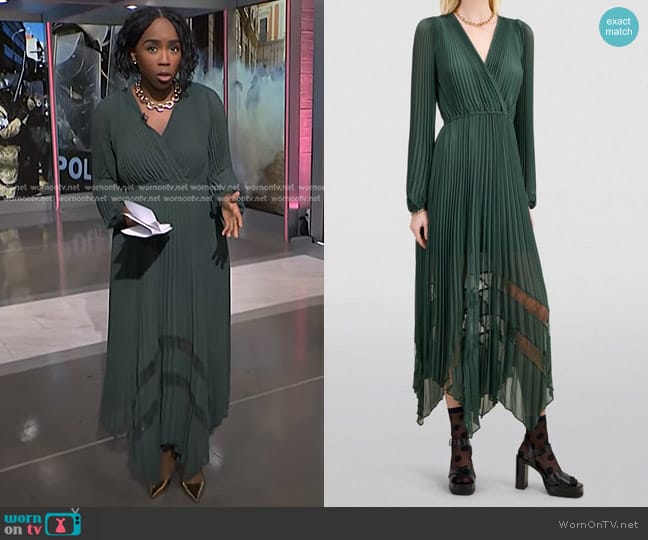 The Kooples Pleated Long Dress in Green worn by Zinhle Essamuah on NBC News Daily