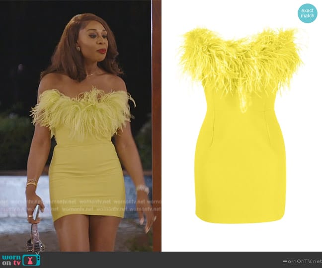 The New Arrivals Iikyas Ozel feather-trim minidress worn by Nneka Ihim on The Real Housewives of Potomac