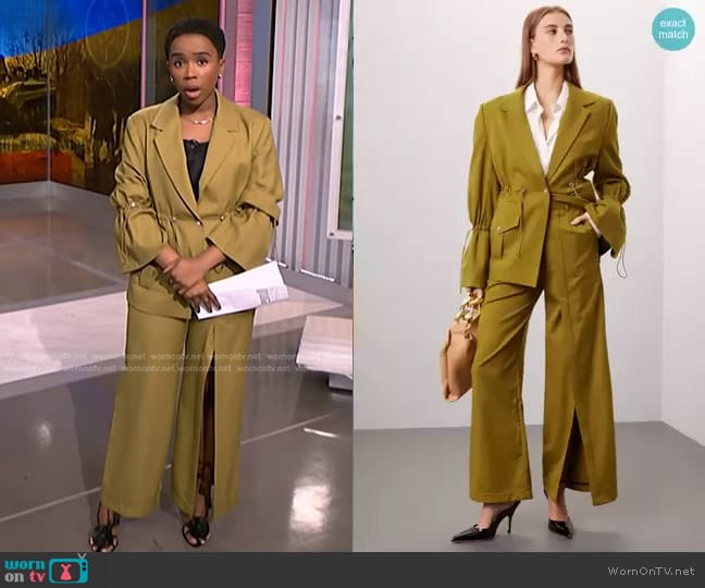 Thebe Magugu Toggle Waist Jacket and Split Formal Pants worn by Zinhle Essamuah on NBC News Daily