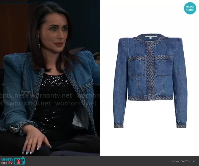 Veronica Beard Arrowe Braid-Trimmed Denim Crop Jacket worn by Lois Cerullo (Rena Sofer) on General Hospital