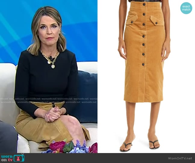 Veronica Beard Barrie Corduroy Midi Skirt in Khaki worn by Savannah Guthrie on Today