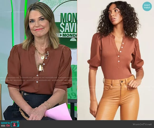 Veronica Beard Coralee Puff-Sleeve Top in Nutmeg worn by Savannah Guthrie on Today