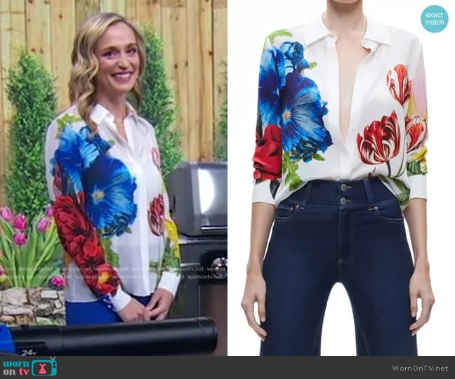 Alice + Olivia Willa Floral Silk Button-Up Shirt in Le Parisien worn by Amanda Bailey on Good Morning America