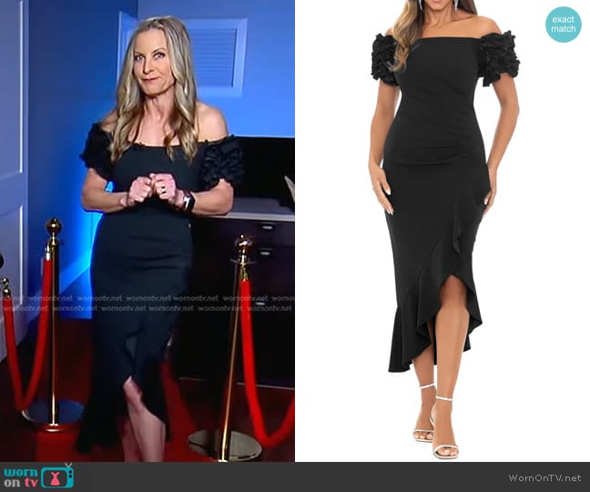 Xscape Ruffle Off the Shoulder Midi Cocktail Dress worn by Becky Worley on Good Morning America