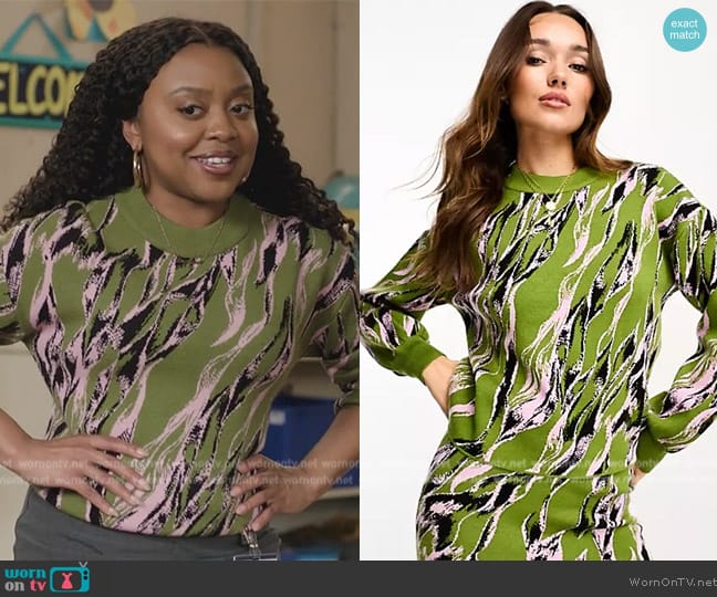 YAS knit sweater in green abstract print worn by Janine Teagues (Quinta Brunson) on Abbott Elementary