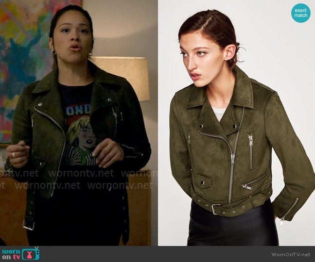 Zara Faux Suede Biker Jacket in Olive Green worn by Nell Serrano (Gina Rodriguez) on Not Dead Yet