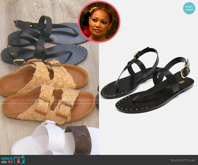 Zara Flat Leather Slider Sandal with Micro-Studs worn by Garcelle Beauvais on The Real Housewives of Beverly Hills