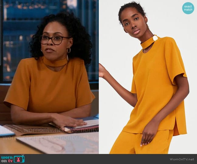 Zara Keyhole Mockneck Button Blouse Mustard worn by Alex (Vinessa Antoine) on So Help Me Todd