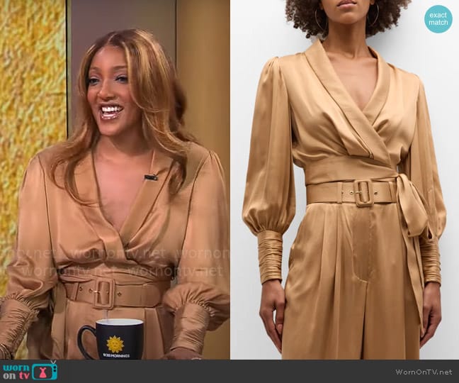 Zimmermann Silk Long-Sleeve Wrap Top in Sand worn by Mickey Guyton on CBS Mornings