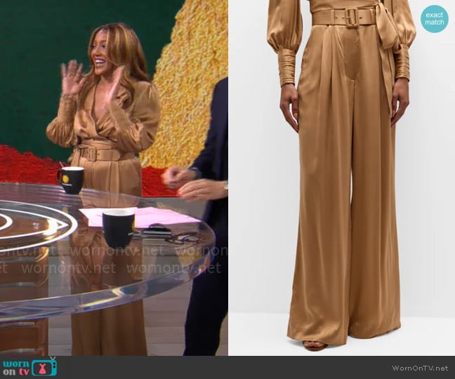 Zimmermann Silk Wide-Leg Tuck Pants in Sand worn by Mickey Guyton on CBS Mornings