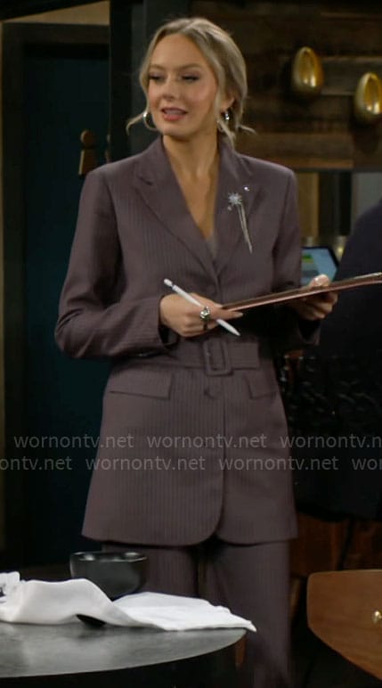 Abby's grey pinstripe suit with belt on The Young and the Restless