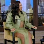 Ayesha’s green leather cropped jacket and skirt on Live with Kelly and Mark