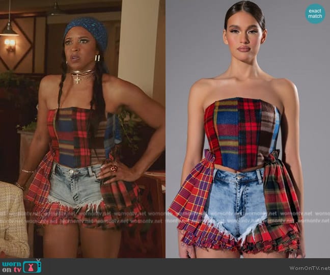 Akira Modern Punk Plaid Patchwork Corset worn by Wickie Roy (Renée Elise Goldsberry) on Girls5eva