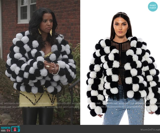  Pom Pom Black and White Cardigan worn by Wickie Roy (Renée Elise Goldsberry) on Girls5eva