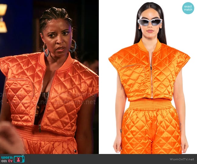 Akira Cozy Mode Quilted Satin Vest worn by Wickie Roy (Renée Elise Goldsberry) on Girls5eva