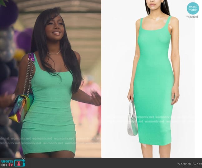 Alexander Wang Jacquard-logo mid-length dress worn by Annika (Justine Skye) on Grown-ish