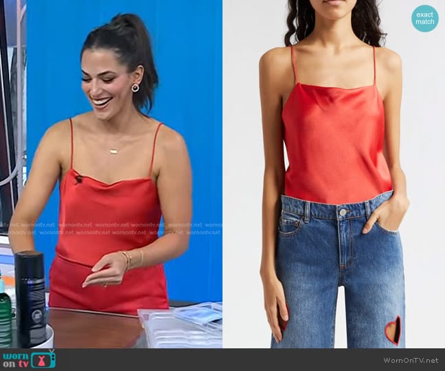 Alice + Olivia Harmony Satin Camisole in Bright Poppy worn by Janelle Cohen on Today