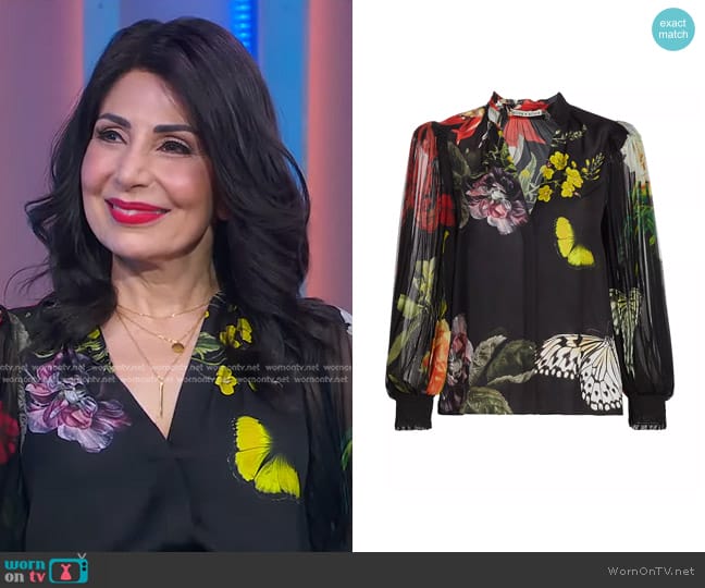 Alice + Olivia Ilan Floral Blouson Shirt in Essential Floral worn by Pattie Ehsaei on Good Morning America