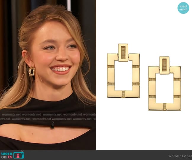 Alice Pierre Parallel Drop Earrings worn by Sydney Sweeney on The Drew Barrymore Show